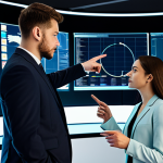 A diverse group of young professionals, fully clothed in modest business suits and professional dress, collaboratively analyzing complex data on large holographic screens in a sleek, modern command center. They are engaged in deep discussion, pointing at strategic projections and charts, embodying data-driven decision-making. The scene highlights synergy and future planning. perfect anatomy, correct proportions, natural pose, well-formed hands, proper finger count, natural body proportions, safe for work, appropriate content, professional photography, high quality, family-friendly.