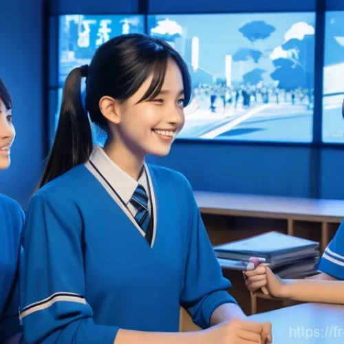 Home 19 블루아카이브 소셜 미디어 활용 - **Prompt:** A vibrant, cheerful scene depicting a group of Blue Archive students, including Arona, S...