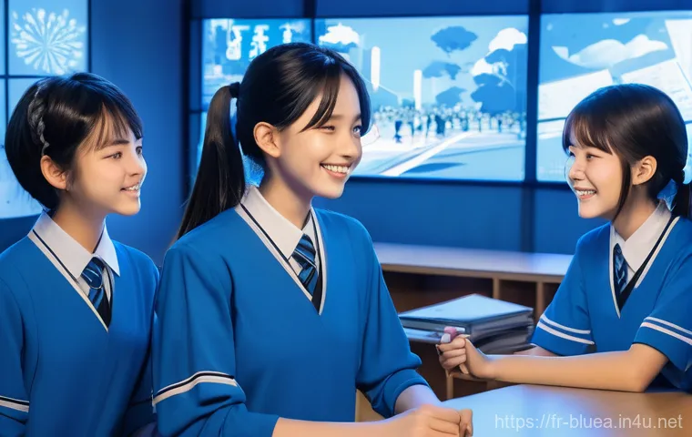 블루아카이브 소셜 미디어 활용 - **Prompt:** A vibrant, cheerful scene depicting a group of Blue Archive students, including Arona, S...